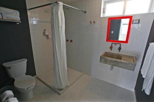 韦拉克鲁斯Mas Basico Hotel的带淋浴、盥洗盆和卫生间的浴室
