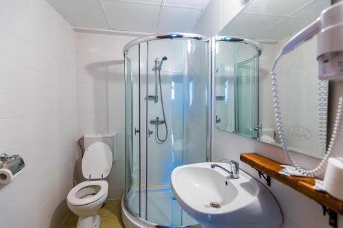 兰卡奥尼克斯酒店的带淋浴、盥洗盆和卫生间的浴室
