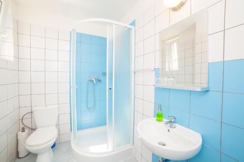 布拉迪斯拉发中庭旅馆的带淋浴、卫生间和盥洗盆的浴室