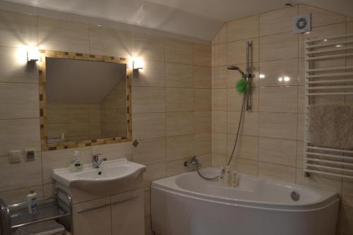 ŚliwiceDom u Ewy Bory Tucholskie的一间带水槽、浴缸和镜子的浴室