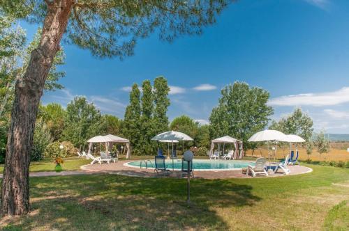 斯卡尔利诺Podere i Giganti的庭院内一个带椅子和遮阳伞的游泳池