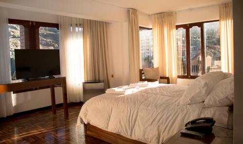 拉巴斯基尼精品酒店的一间卧室配有一张床和一张书桌及电视