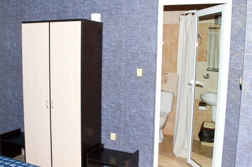 拉夫达Vlasta Family Hotel的一间带卫生间和镜子的浴室