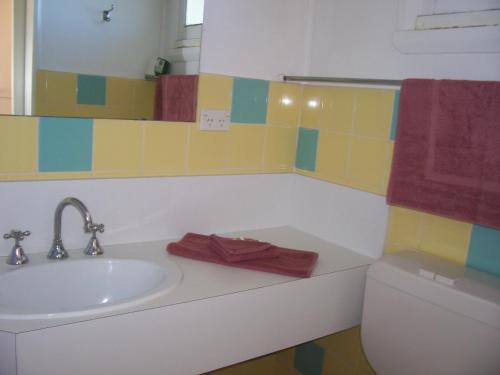 伊登湾景汽车旅馆的一间带水槽、卫生间和镜子的浴室