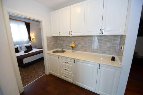 斯特鲁加梦想酒店的一间带水槽的白色厨房和一间卧室
