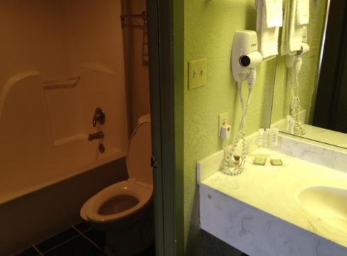 圣安东尼奥Budget Inn San Antonio Downtown I-10 East的一间带卫生间、水槽和镜子的浴室