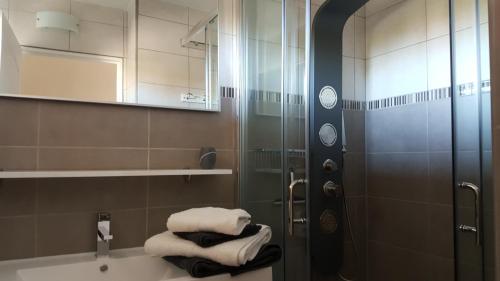 沙特拉永普拉日Résidence TROUVILLE的带淋浴、水槽和毛巾的浴室
