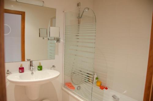 卡隆赫AB Sant Antoni de Calonge的白色的浴室设有水槽和淋浴。