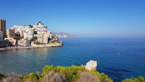 卡拉德费斯特拉特Penthouse Beach Apartment的一群人在城市附近的水中游泳