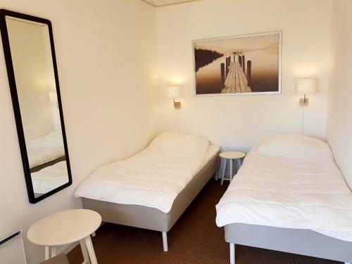 博雷Klintholm Marina Park Cabins的小房间设有两张床和镜子