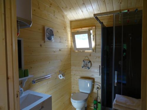 米兹多洛杰Lesny domek的木制浴室设有卫生间和淋浴。