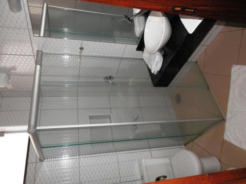 卡坦杜瓦Hotel Lider - Catanduva的浴室设有玻璃淋浴间、卫生间和水槽。