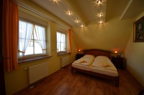 格罗斯齐克Ferienwohnung-Sonnenkliff-in-Gross-Zicker-Halbinsel-Moenchgut的一间卧室设有一张床和两个窗户。