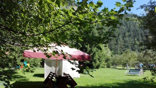 布朗Pensiunea Alpin的田野上带粉红色伞和椅子的房子