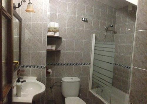 Siete Iglesias de TrabancosCasa Rural Calderon de Medina I y II的浴室配有卫生间、淋浴和盥洗盆。