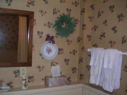 MuscatineStrawberry Farm B and B的墙上有鲜花和毛巾的浴室