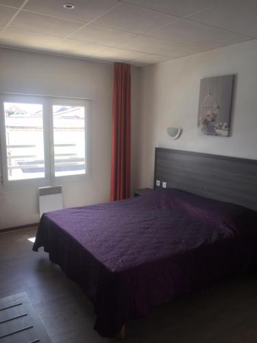滨海苏拉克Hôtel Le Neptune的一间卧室设有紫色的床和窗户