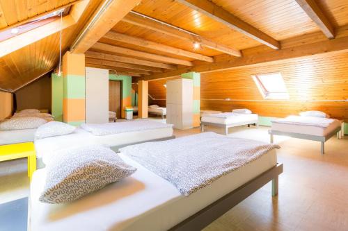勒什1A Adventure Hostel的一间带四张床的卧室,位于带木制天花板的房间内