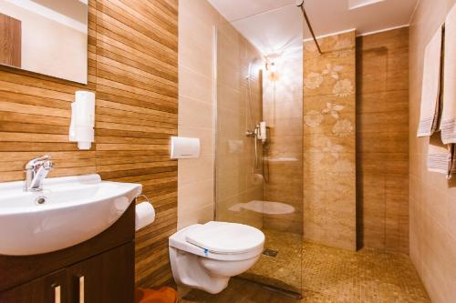 阿尤德自酿酒区酒店的浴室配有卫生间、盥洗盆和淋浴。