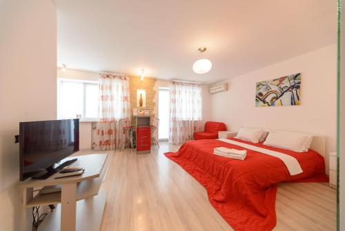 基辅萨克萨汉斯考霍合作伙伴旅馆的一间卧室配有一张带红色毯子的大床