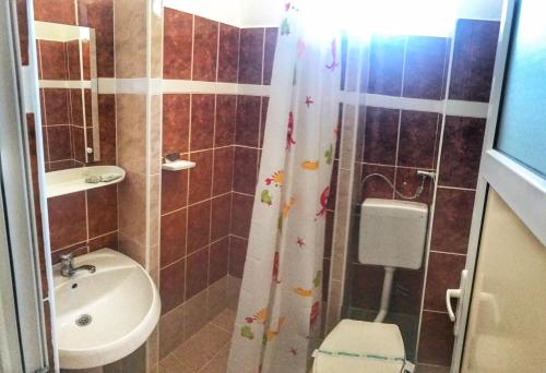 多亚马伊斯科皮昂综合旅馆的带淋浴、卫生间和盥洗盆的浴室