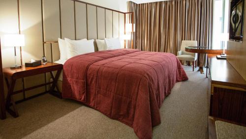 朱尼耶The Rooms Boutique Hotel的酒店客房,配有一张带红色毯子的床