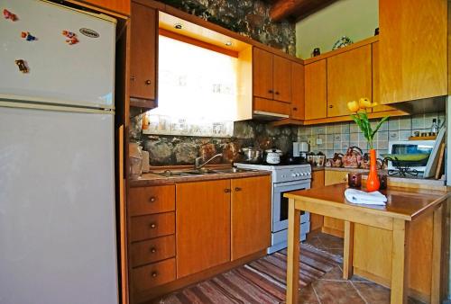 奥马洛斯Mike Omalos Houses的厨房配有木制橱柜和白色冰箱。