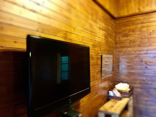 横山万瑞渡假村的挂在木墙上的平面电视