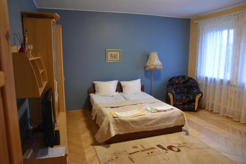 维尔纽斯Cozy John's House的一间卧室设有一张床和蓝色的墙壁