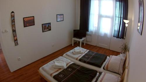 布拉格耶泽尔卡公寓 的一间卧室设有两张床和窗户。