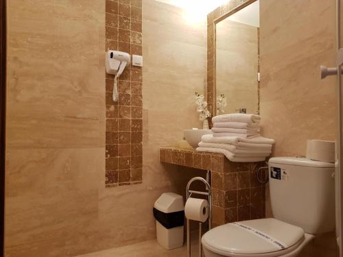 马马亚托米斯酒店的一间带卫生间和水槽的浴室