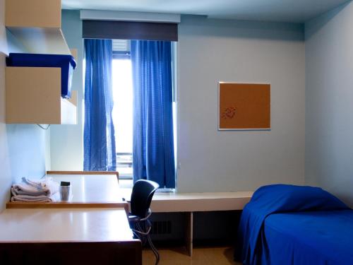 哈利法克斯圣文森特山大学酒店的一间卧室配有书桌、床和窗户。