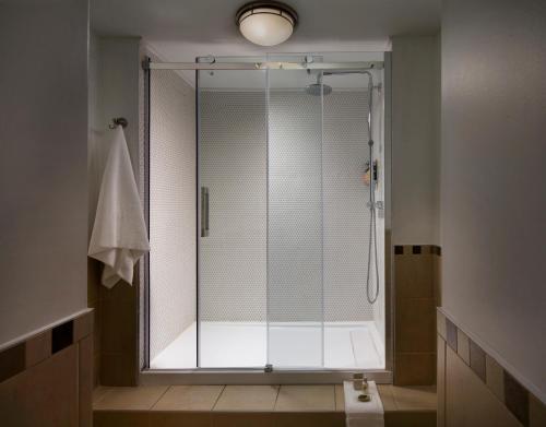 魁北克市Auberge Saint-Pierre的浴室里设有玻璃门淋浴