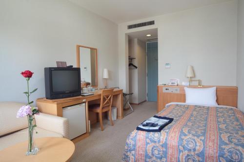 山口山口市森特克尔酒店的酒店客房设有一张床和一张带电视的书桌。