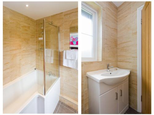 Aldringham萨福克诺迪什尔度假屋的浴室的两张照片,配有水槽和淋浴