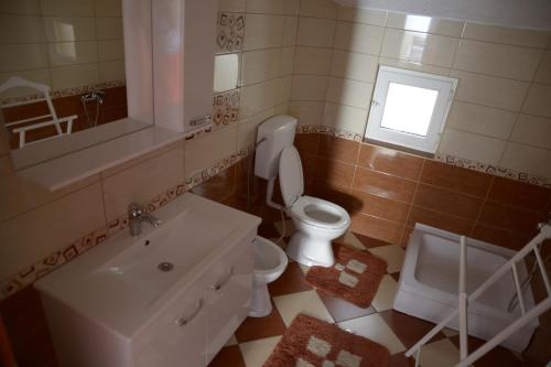 普里什蒂纳Hostel Tuba的一间带卫生间、水槽和窗户的浴室