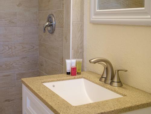 德尔雷比奇大西洋宾馆的浴室的柜台设有水槽和镜子
