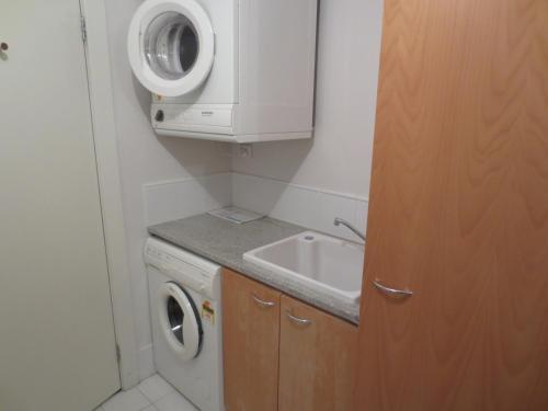 阿德莱德莱兹蓝顶公寓的小型浴室设有洗衣机和水槽。