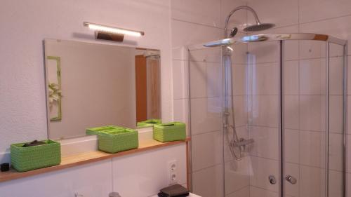 TholeyFerienwohnung Auszeit的带淋浴和两个绿色篮子的浴室