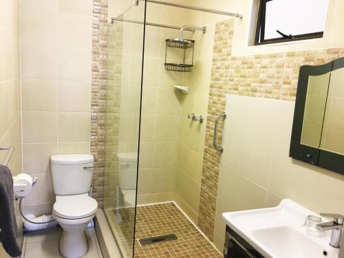马盖特Dumela Margate Flat No 9的带淋浴、卫生间和盥洗盆的浴室