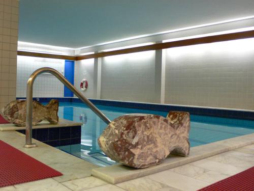 萨尔布吕肯梅兰海伦巴德萨那温泉酒店的一座游泳池,旁边是一座大型岩石