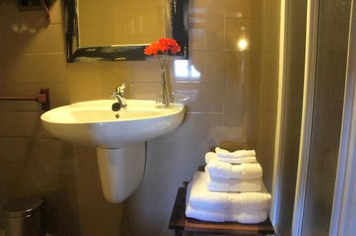 圣马尔廷德特雷韦霍Casa Rural Estrela的浴室设有水槽和一堆毛巾