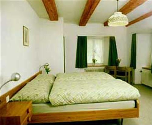 迈恩费尔德兰德加斯托圣卢奇斯哥宾馆的卧室内的一张床位,配有绿色窗帘