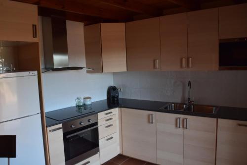 努奇堡Cal Genetó的厨房配有白色橱柜、水槽和炉灶。
