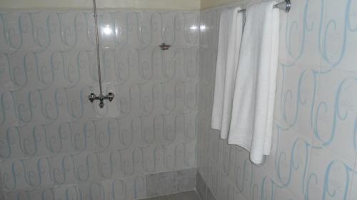 ElmenteitaCactus Eco Camp and Lodge的带淋浴和白色毛巾的浴室