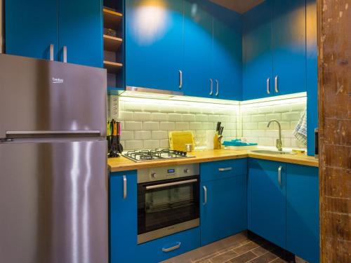 克卢日-纳波卡Maniu Home的厨房配有蓝色橱柜和不锈钢冰箱