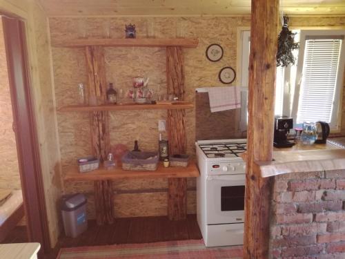 Mlynky Ubytovanie Lesky的厨房配有炉灶和木架