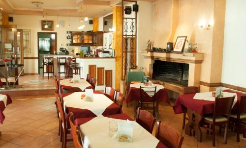 伊古迈尼察斯泰弗洛德罗密酒店的一间带桌椅和壁炉的餐厅