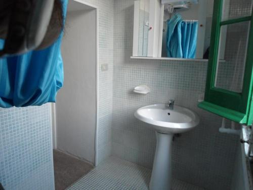 莱乌卡Casa Tipica的一间带水槽和淋浴的小浴室