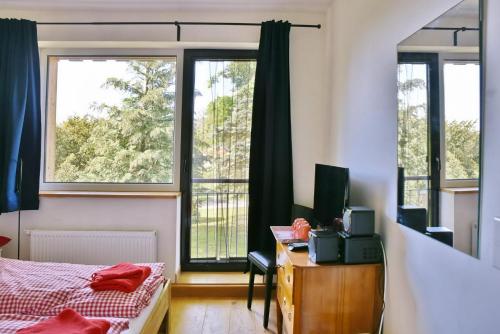 Klein VielenSeehaus Hartwigsdorf的一间卧室配有一张床、一张书桌和两个窗户。